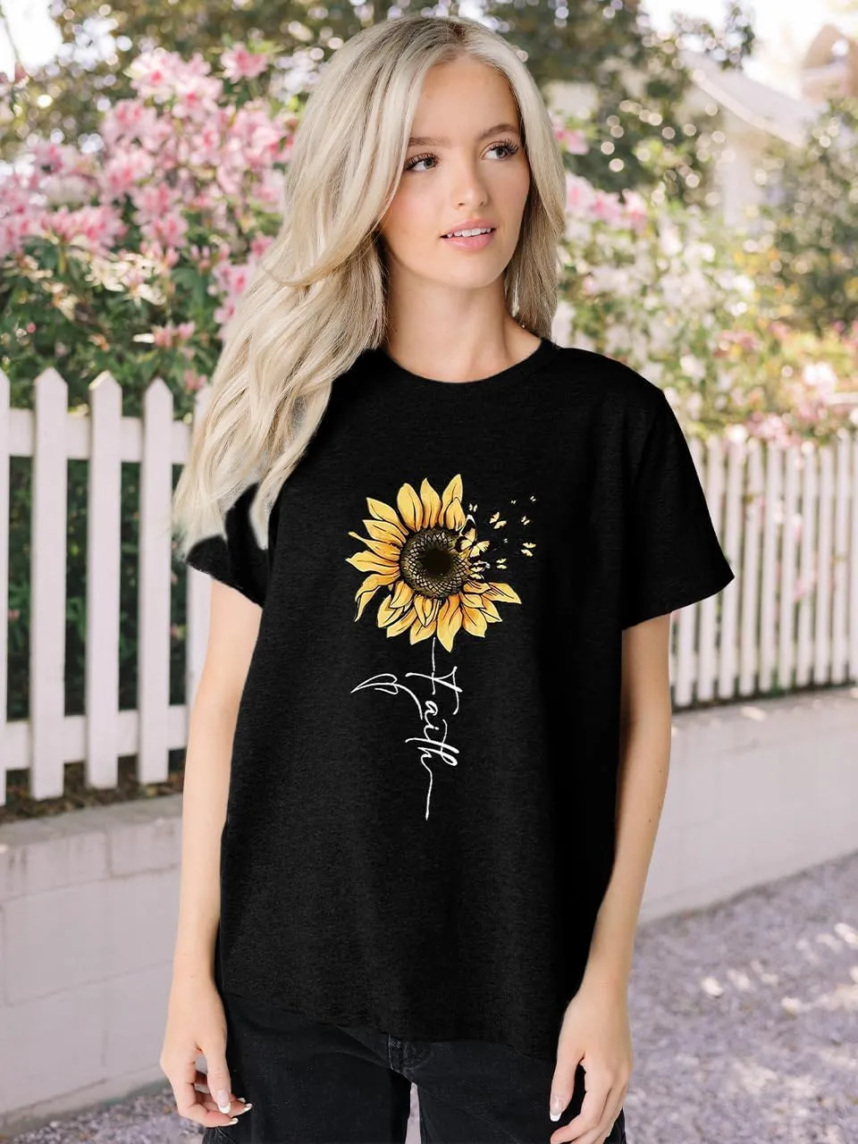 Sunflower Shirts for Women Faith Graphic Tees Short Sleeve Loose Fit Butterfly Teen Girls T Shirt Summer Tops