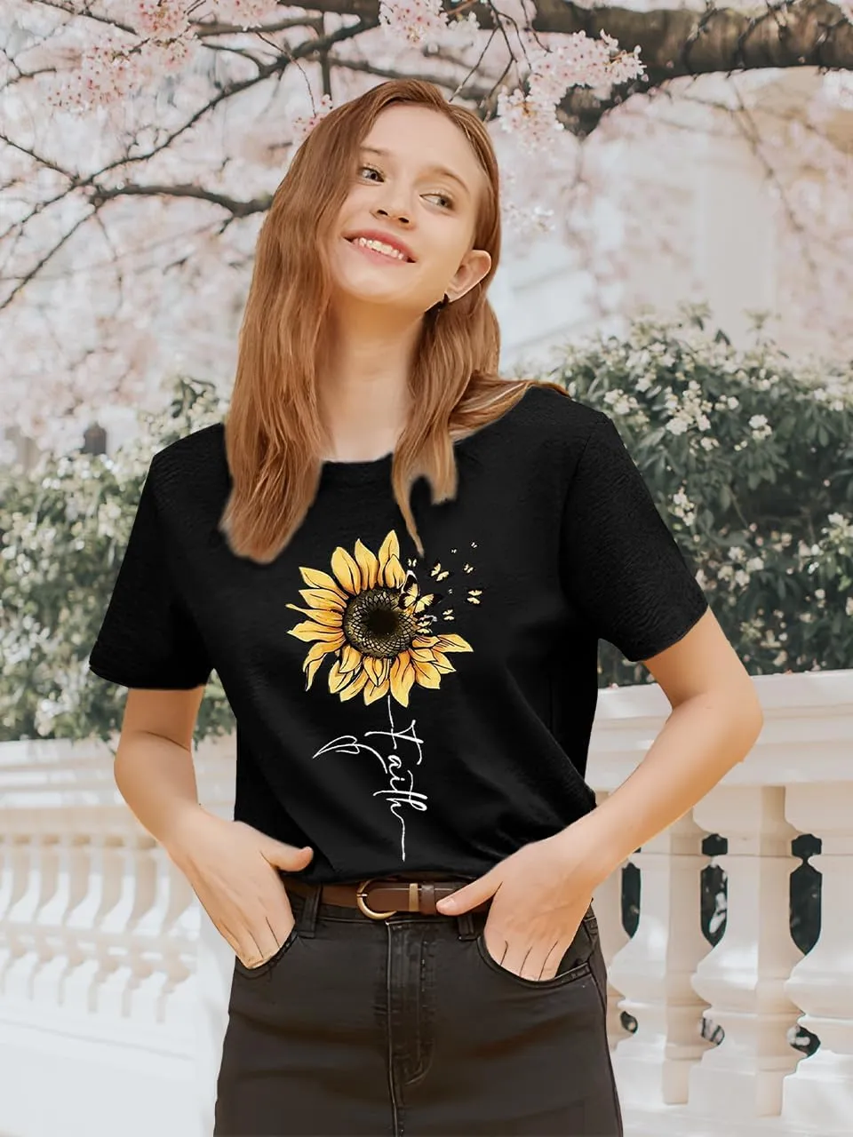 Sunflower Shirts for Women Faith Graphic Tees Short Sleeve Loose Fit Butterfly Teen Girls T Shirt Summer Tops