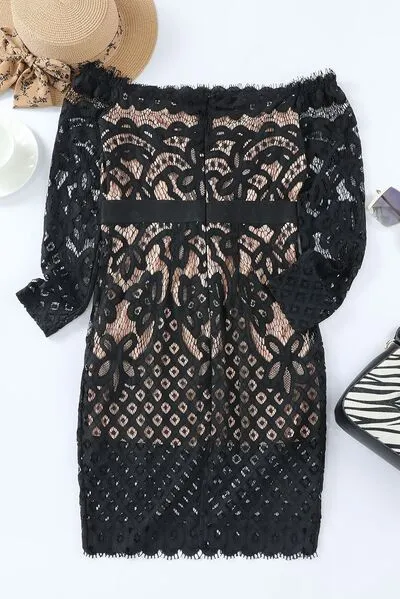 TEEK - Black Off-Shoulder Long Sleeve Lace Dress