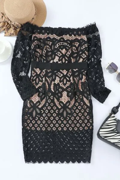 TEEK - Black Off-Shoulder Long Sleeve Lace Dress