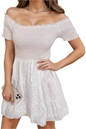 TEEK - White Smocked Off-Shoulder Short Sleeve Dress