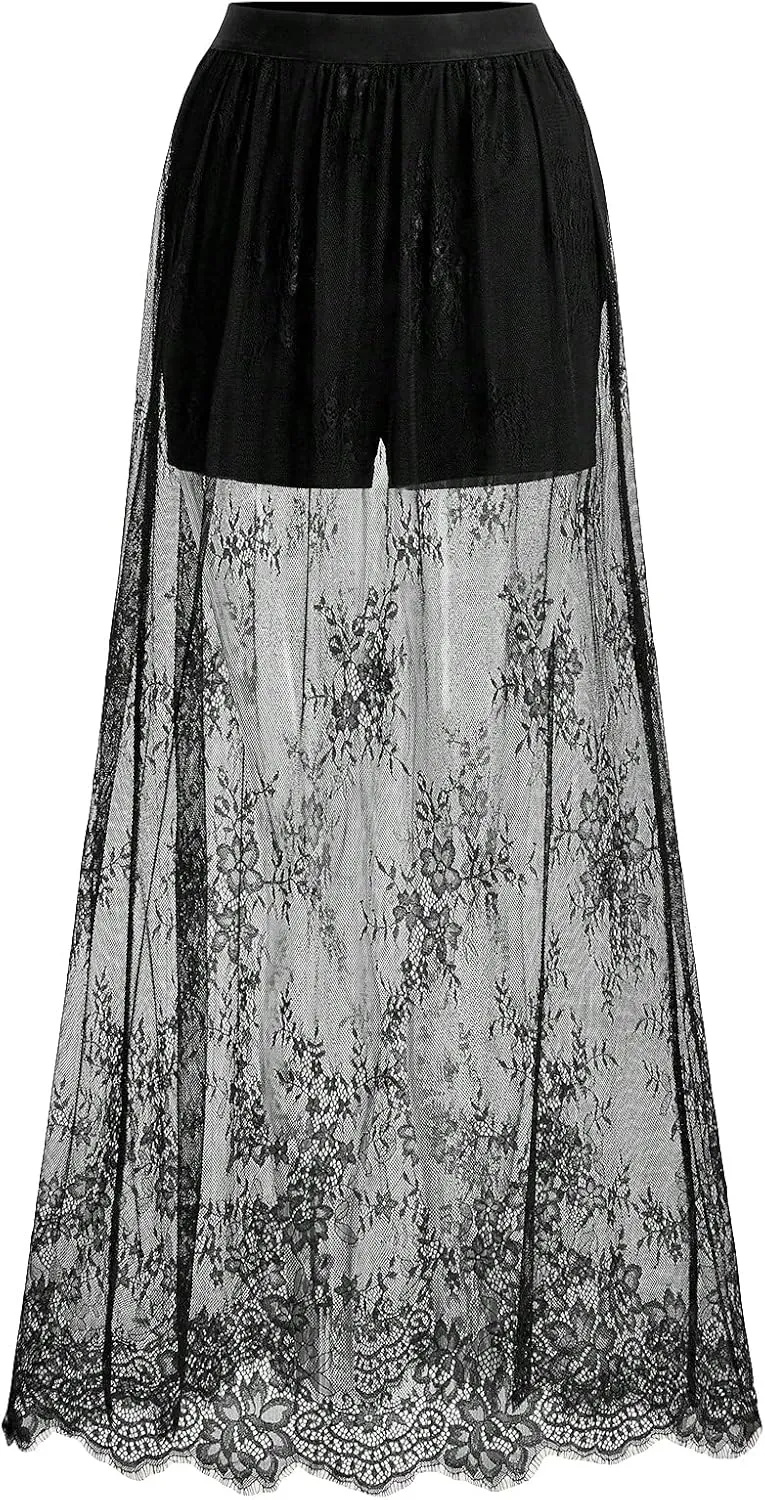 Verdusa Women's Lace Maxi Skirts Flowy Mesh Festival Outfit Rave Beach Vacation Long Skirt