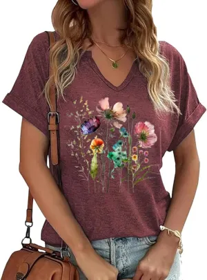 Vintage Flowers V Neck Shirt for Women Boho Floral Wildflowers Graphic Tee Casual Cottagecore Summer T Shirt