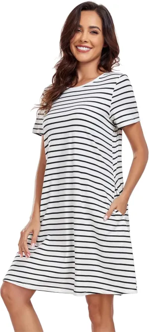 VintageClothing Womens Casual Summer T Shirt Dress Swing Loose Fit Short Sleeve Tunic Dress with Pockets for Women