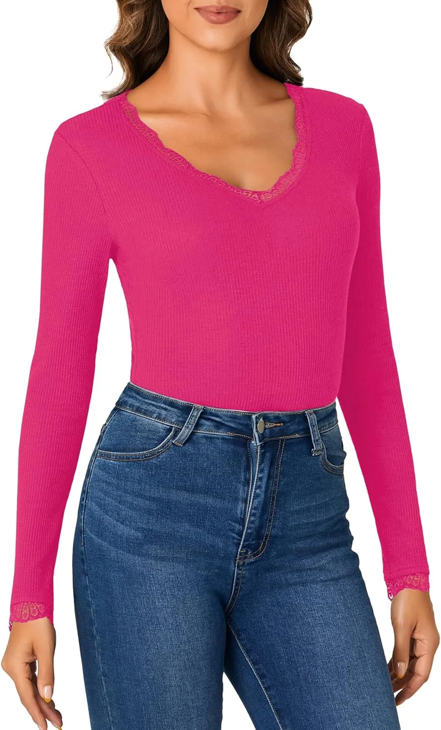 Vrtige Women's Casual Lace V Neck Long Sleeve Ribbed Fitted Blouse Shirt Top