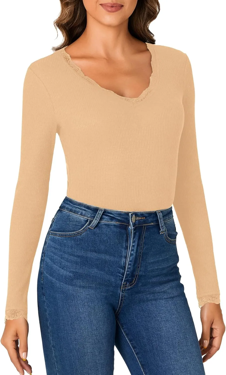 Vrtige Women's Casual Lace V Neck Long Sleeve Ribbed Fitted Blouse Shirt Top