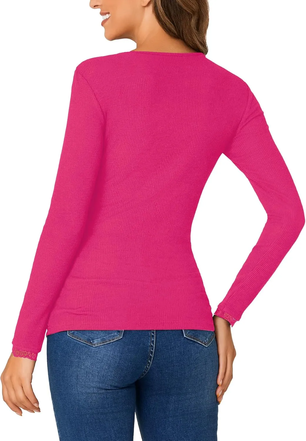 Vrtige Women's Casual Lace V Neck Long Sleeve Ribbed Fitted Blouse Shirt Top