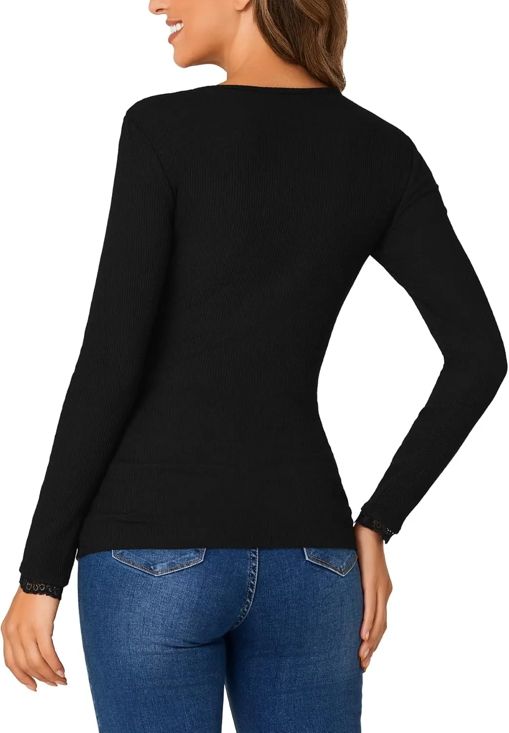 Vrtige Women's Casual Lace V Neck Long Sleeve Ribbed Fitted Blouse Shirt Top