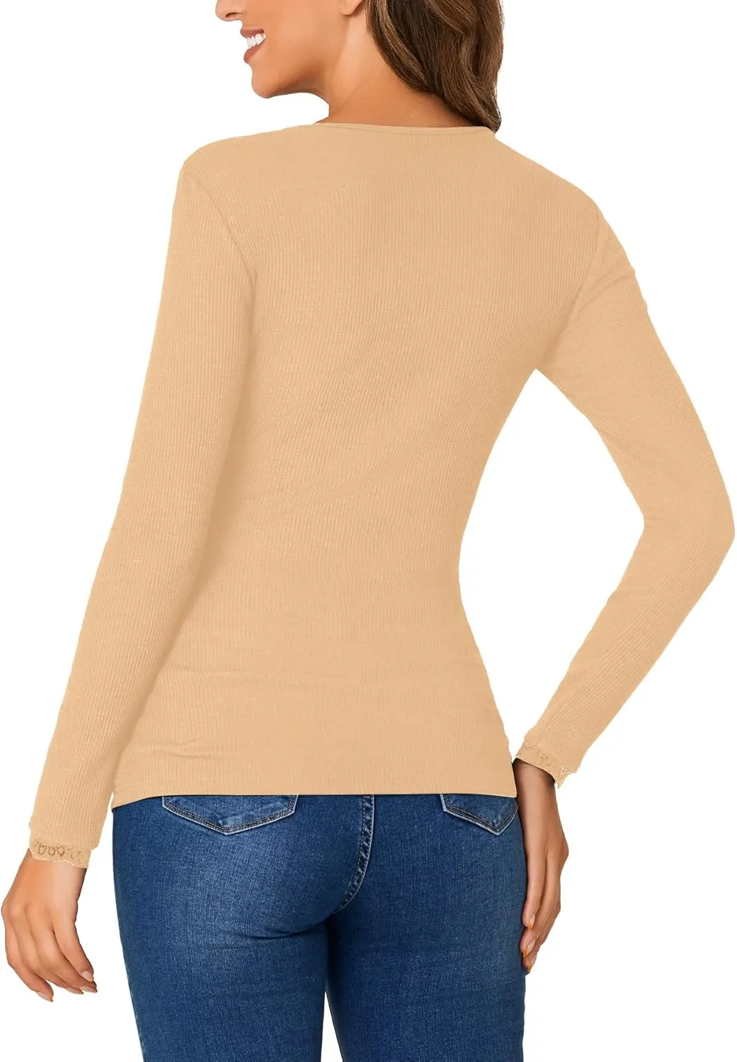 Vrtige Women's Casual Lace V Neck Long Sleeve Ribbed Fitted Blouse Shirt Top