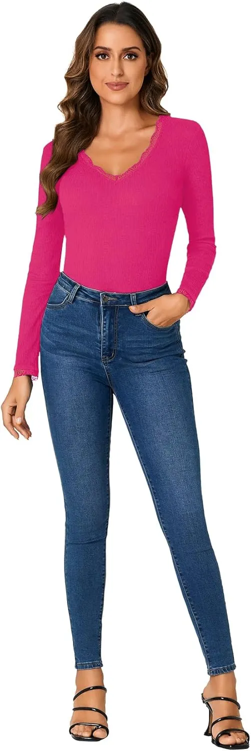 Vrtige Women's Casual Lace V Neck Long Sleeve Ribbed Fitted Blouse Shirt Top