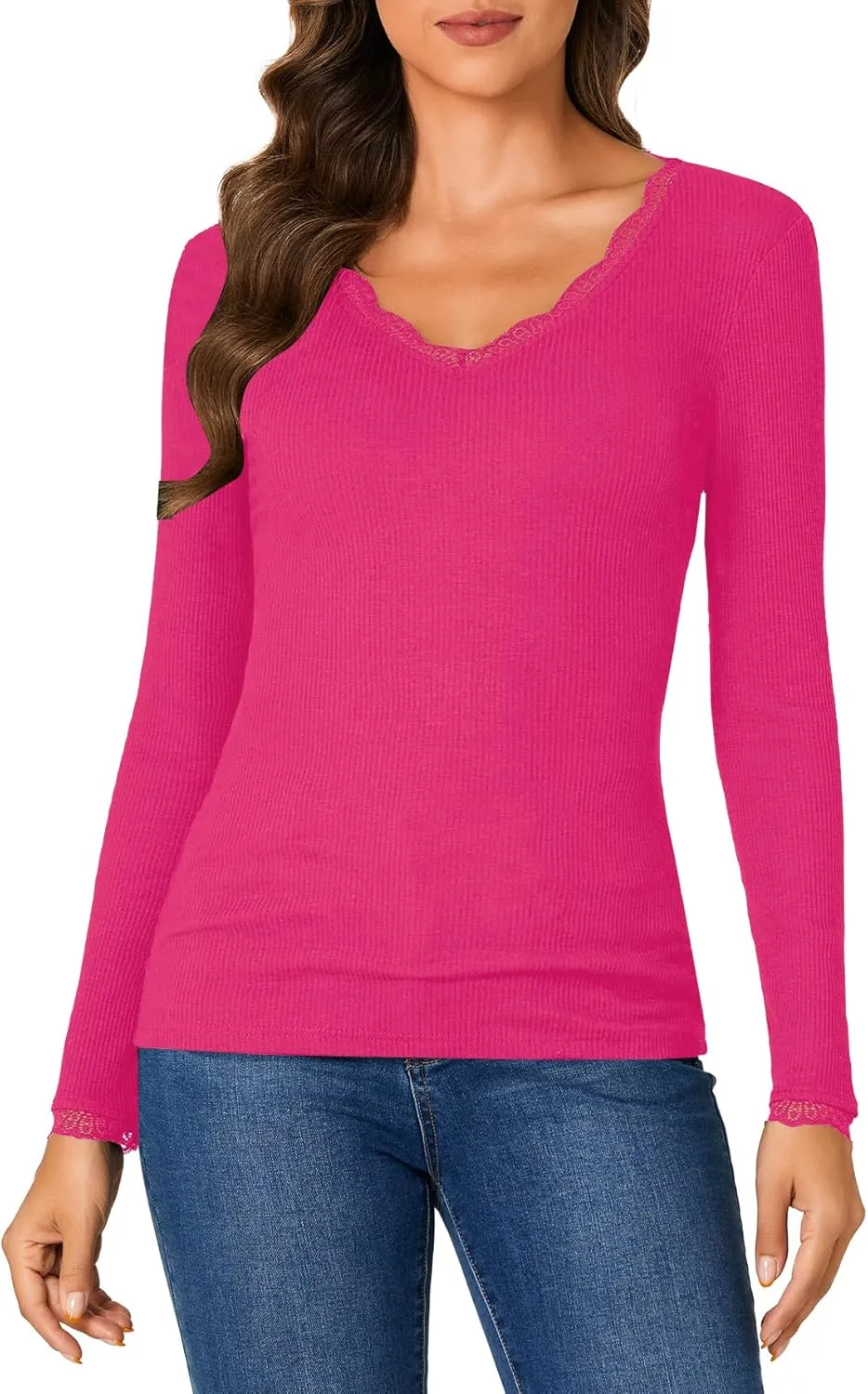 Vrtige Women's Casual Lace V Neck Long Sleeve Ribbed Fitted Blouse Shirt Top