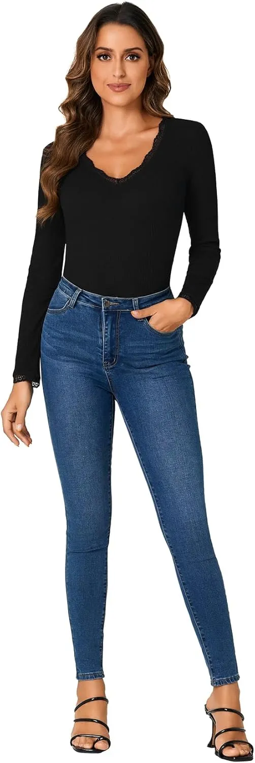 Vrtige Women's Casual Lace V Neck Long Sleeve Ribbed Fitted Blouse Shirt Top