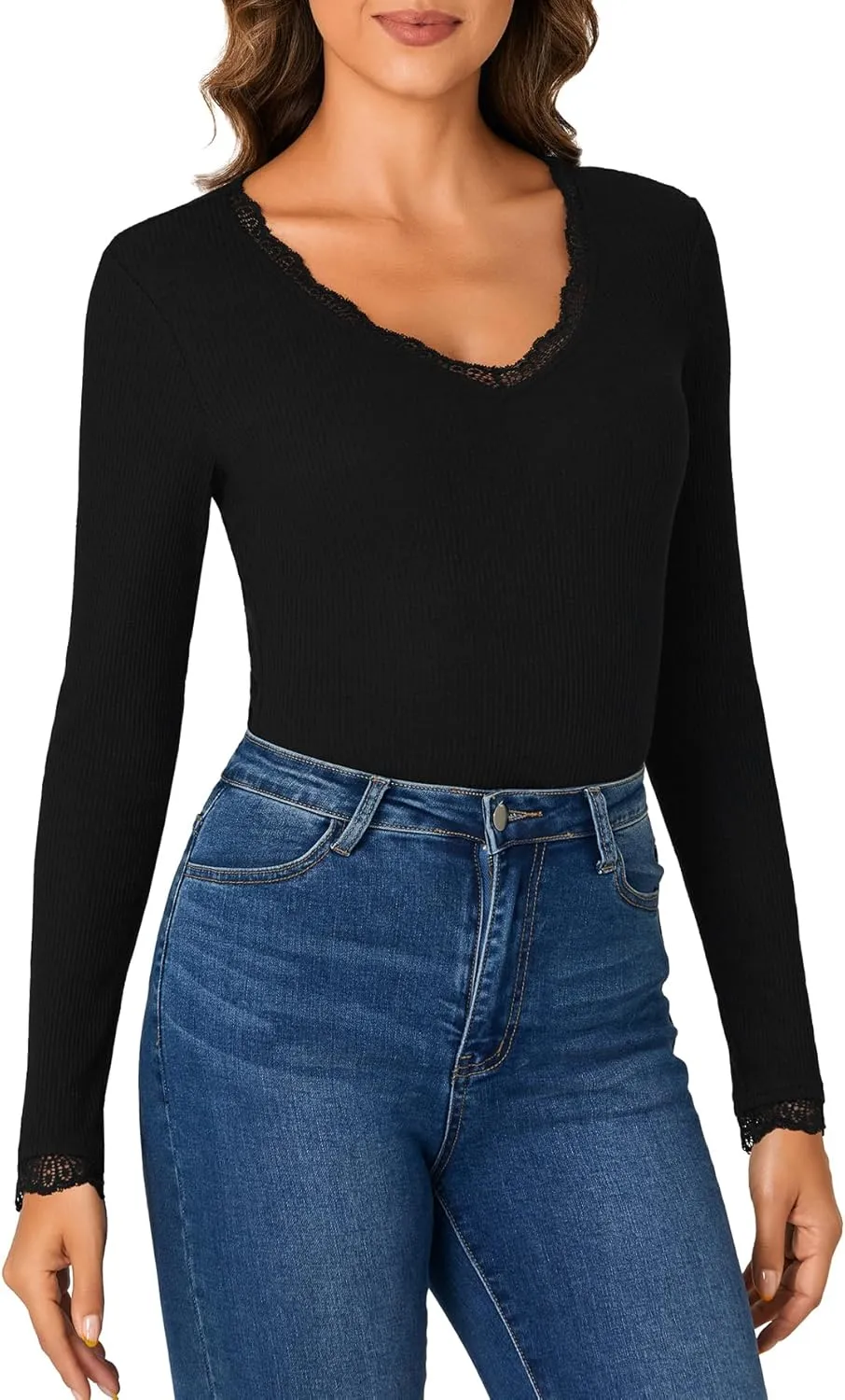Vrtige Women's Casual Lace V Neck Long Sleeve Ribbed Fitted Blouse Shirt Top