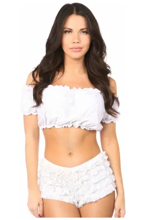 White Lined Lace Short Sleeve Peasant Top