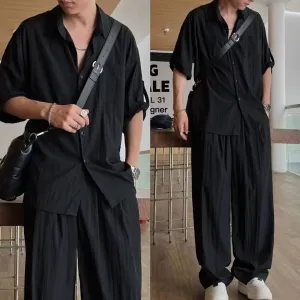 Wiaofellas  -  Summer Light Thin Casual Suits Trendy Men's Korean Edition Design Handsome Solid Loose Short Sleeves Shirt   Pants Two Piece Set