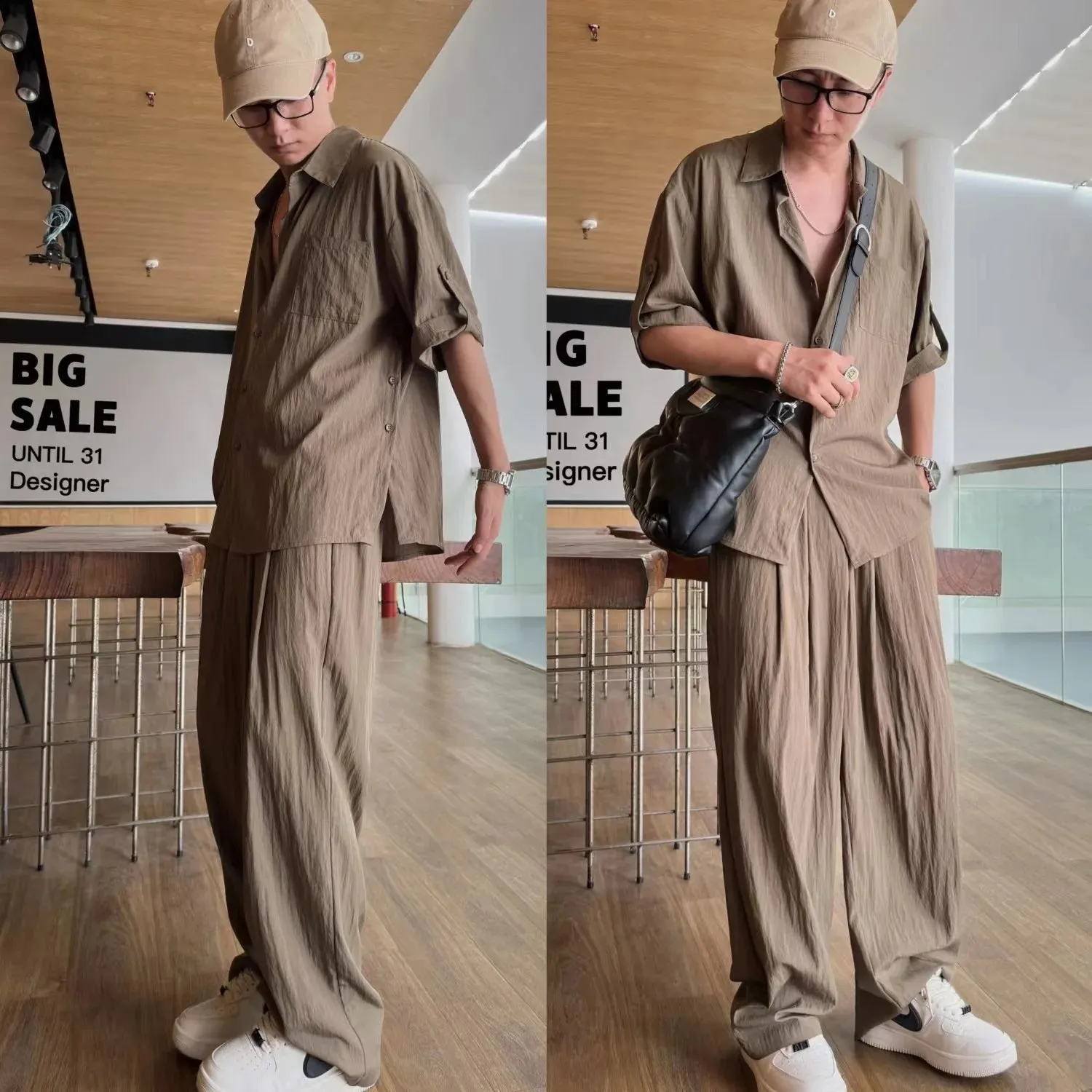 Wiaofellas  -  Summer Light Thin Casual Suits Trendy Men's Korean Edition Design Handsome Solid Loose Short Sleeves Shirt   Pants Two Piece Set