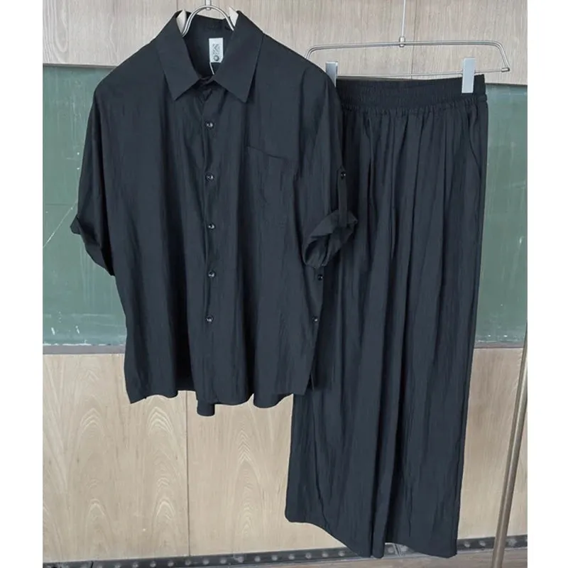 Wiaofellas  -  Summer Light Thin Casual Suits Trendy Men's Korean Edition Design Handsome Solid Loose Short Sleeves Shirt   Pants Two Piece Set