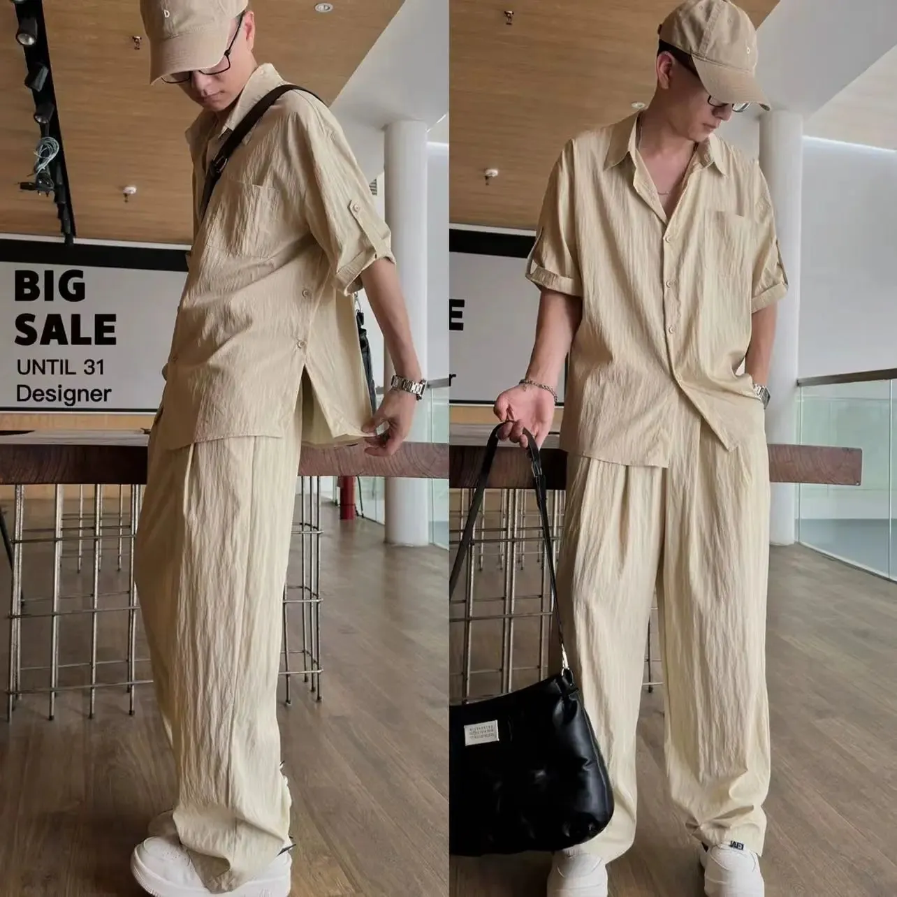 Wiaofellas  -  Summer Light Thin Casual Suits Trendy Men's Korean Edition Design Handsome Solid Loose Short Sleeves Shirt   Pants Two Piece Set
