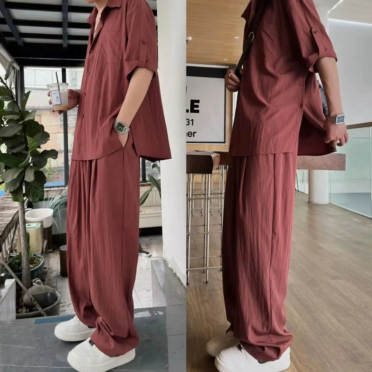 Wiaofellas  -  Summer Light Thin Casual Suits Trendy Men's Korean Edition Design Handsome Solid Loose Short Sleeves Shirt   Pants Two Piece Set