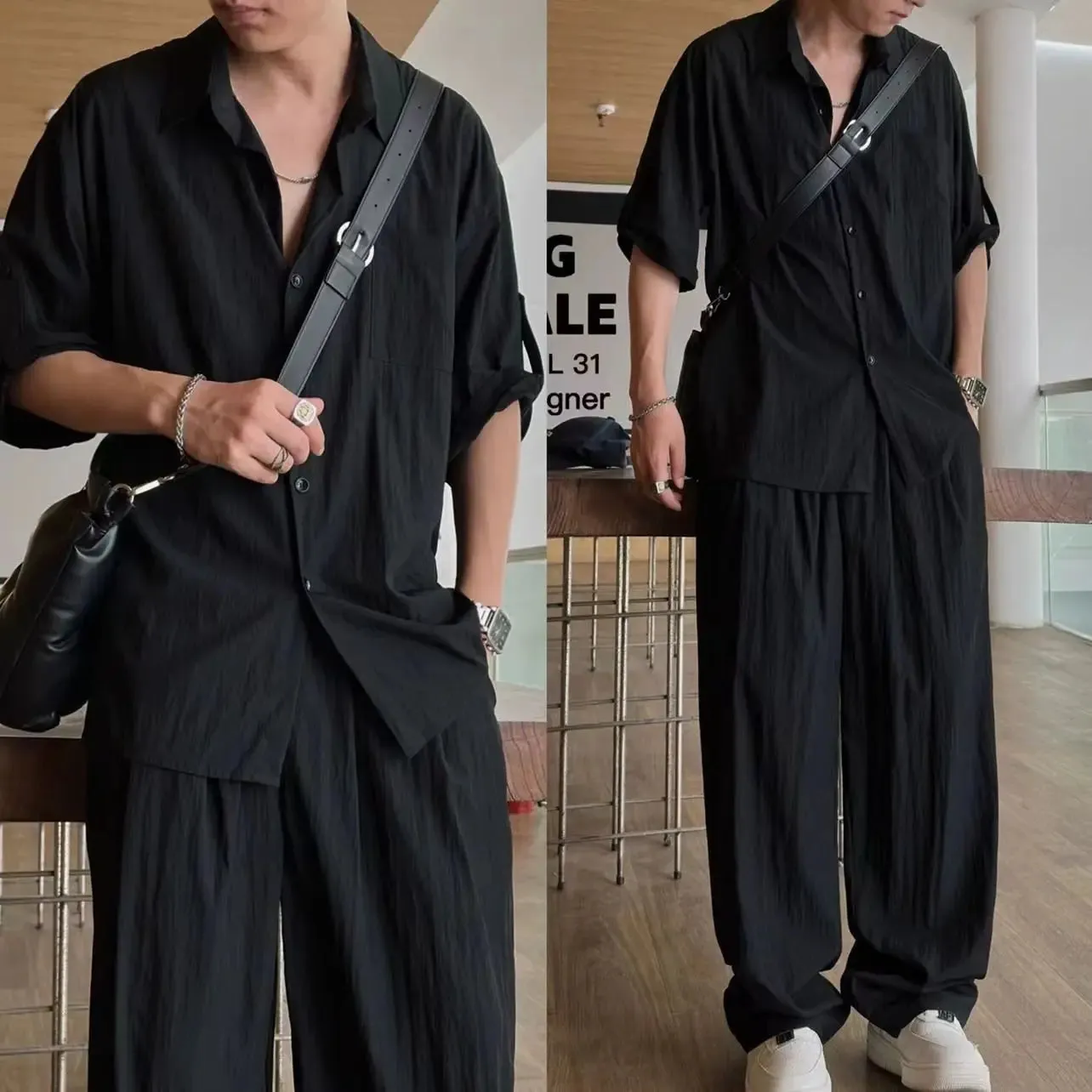 Wiaofellas  -  Summer Light Thin Casual Suits Trendy Men's Korean Edition Design Handsome Solid Loose Short Sleeves Shirt   Pants Two Piece Set