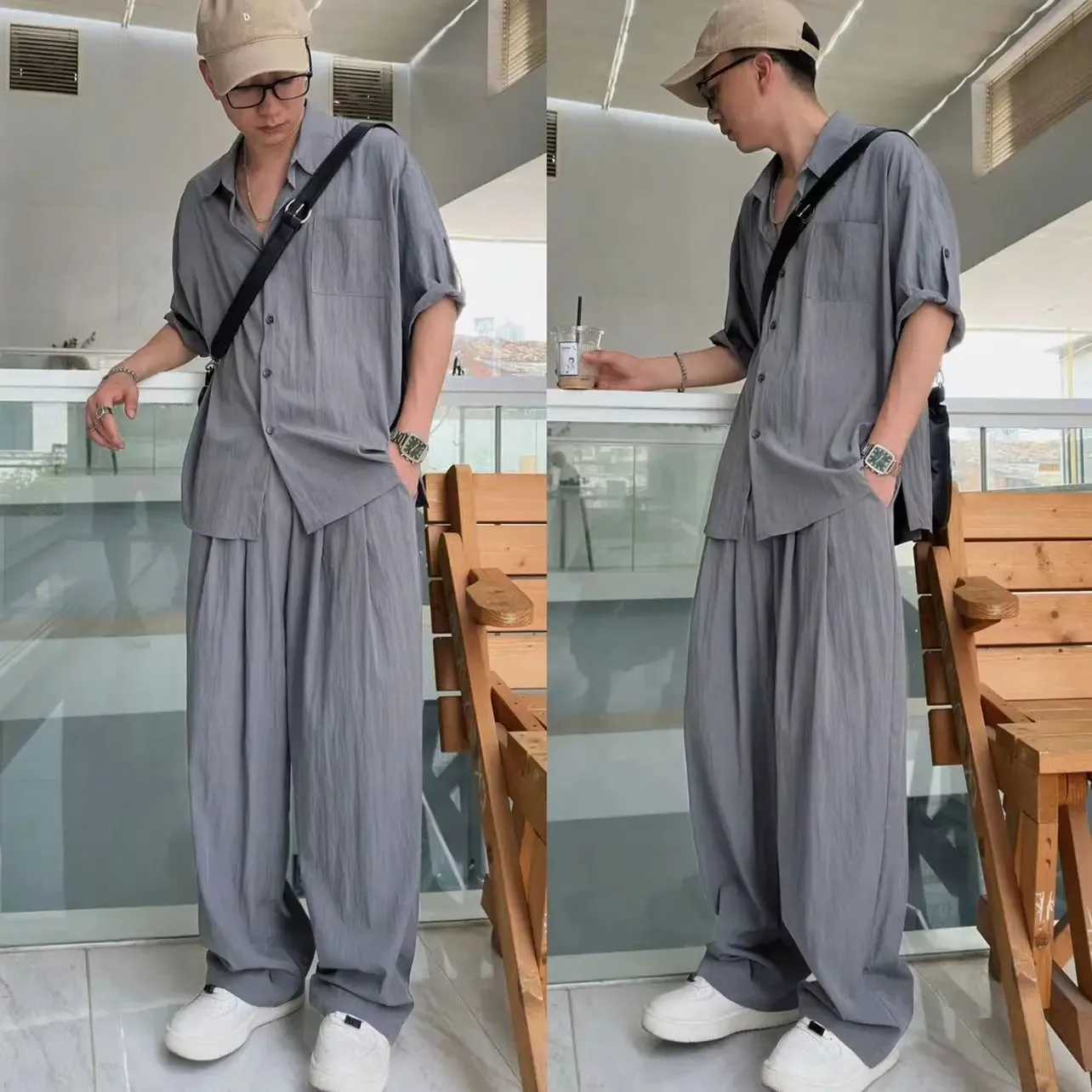 Wiaofellas  -  Summer Light Thin Casual Suits Trendy Men's Korean Edition Design Handsome Solid Loose Short Sleeves Shirt   Pants Two Piece Set