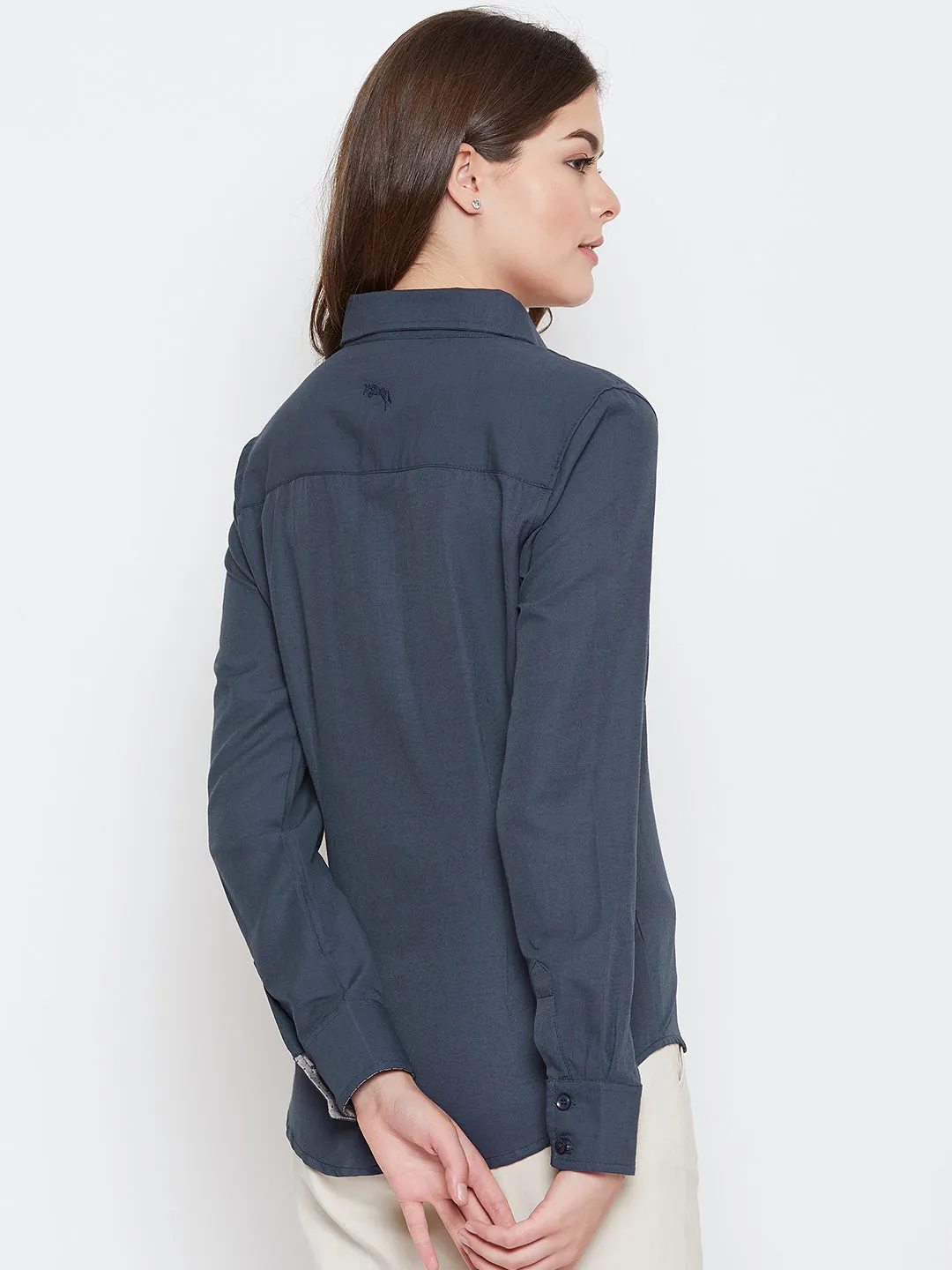 Women Navy Blue Solid Casual Slim Fit Shirt
