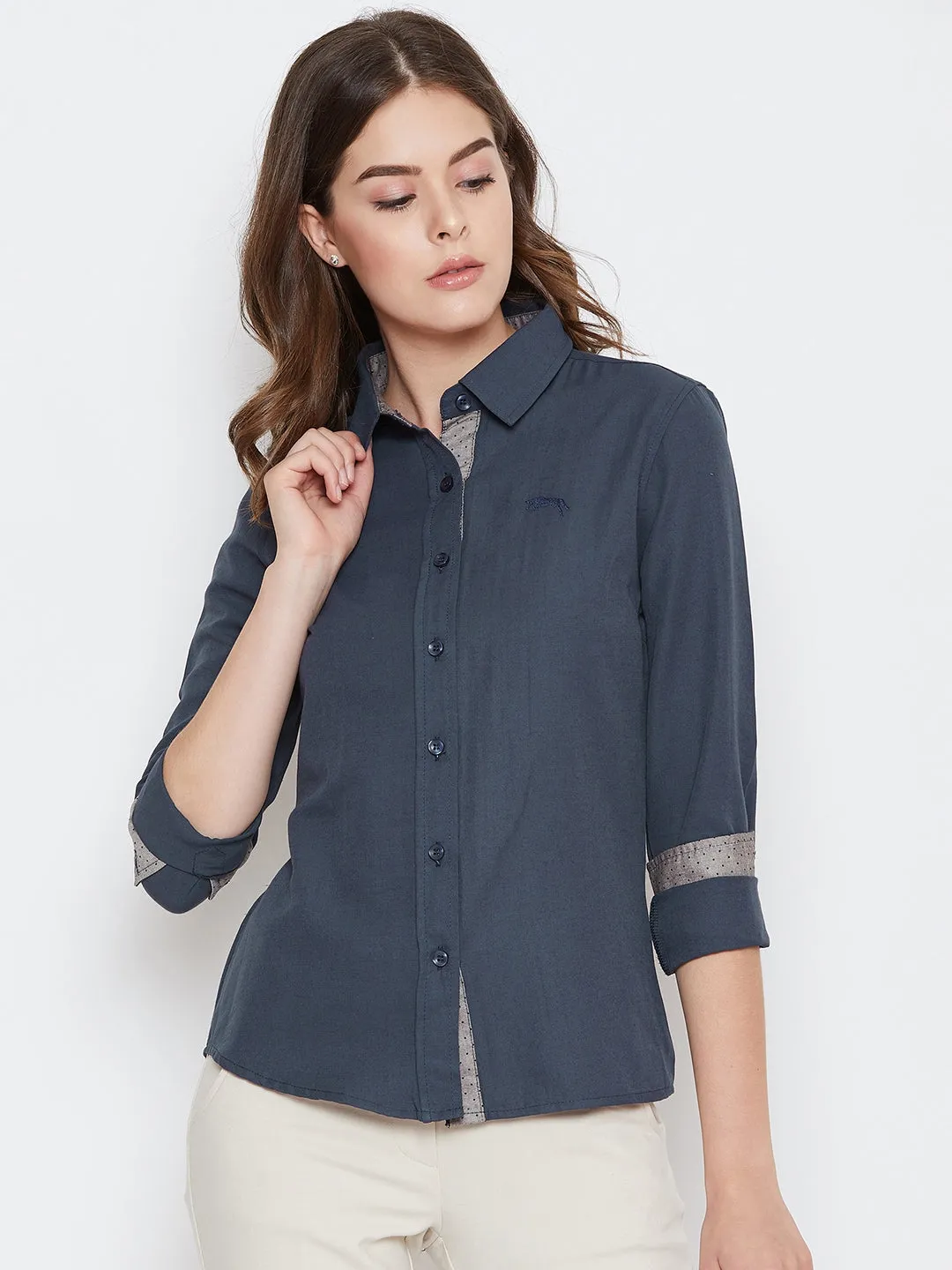 Women Navy Blue Solid Casual Slim Fit Shirt