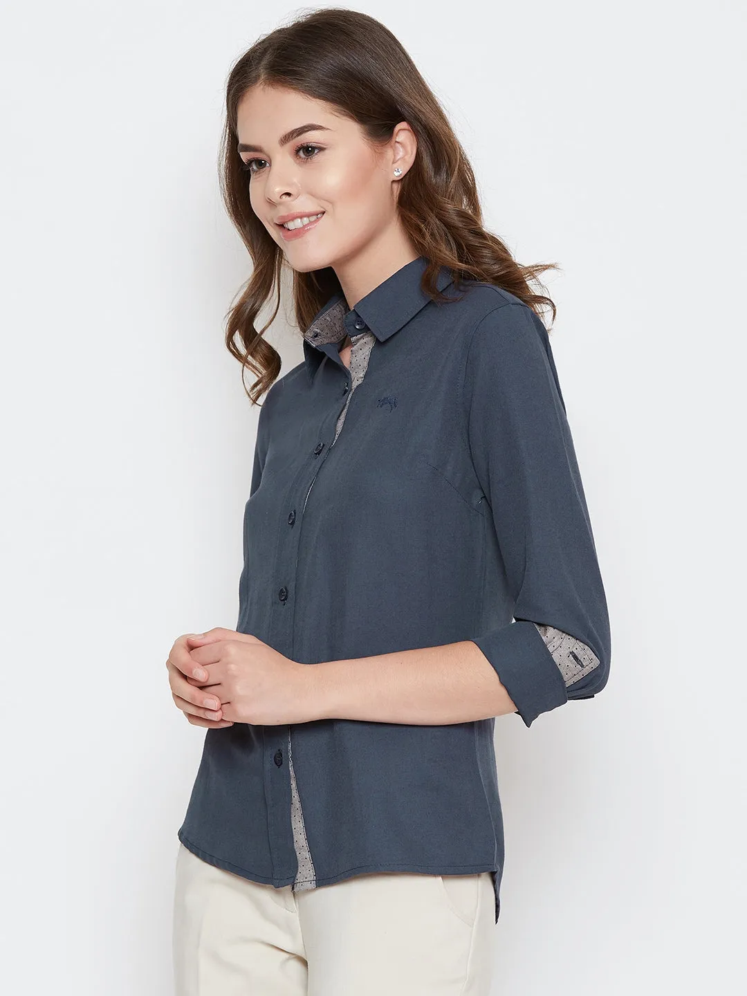 Women Navy Blue Solid Casual Slim Fit Shirt