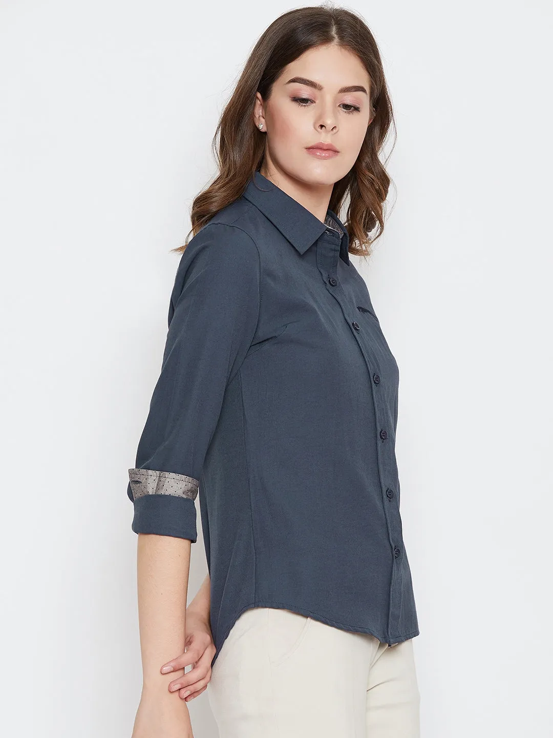 Women Navy Blue Solid Casual Slim Fit Shirt