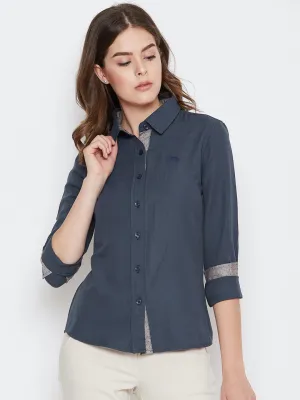 Women Navy Blue Solid Casual Slim Fit Shirt