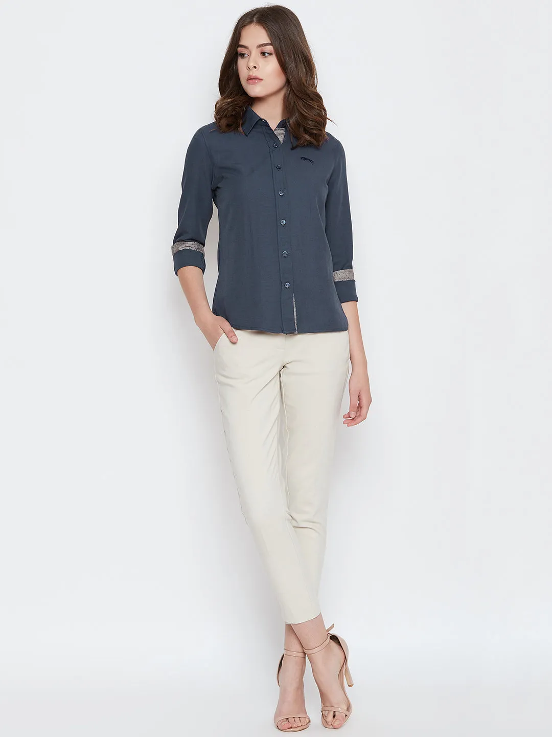 Women Navy Blue Solid Casual Slim Fit Shirt