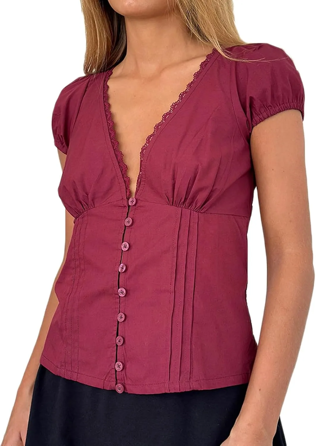 Women Puff Short Sleeve Tops Y2K Sexy Lace Trim Deep V Neck Shirt Casual Slim Fit Ruched Button Down Blouse