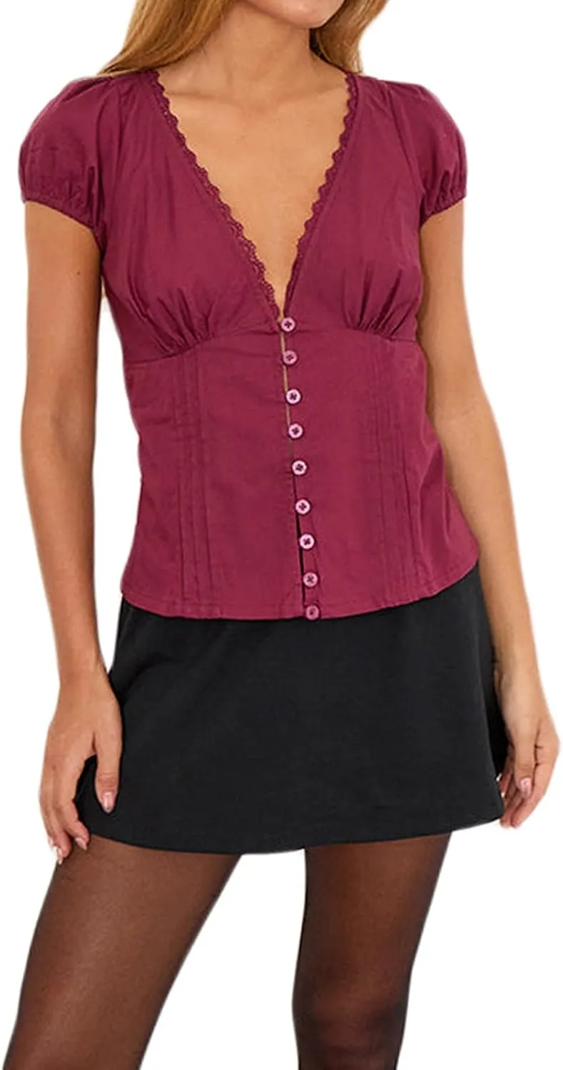 Women Puff Short Sleeve Tops Y2K Sexy Lace Trim Deep V Neck Shirt Casual Slim Fit Ruched Button Down Blouse