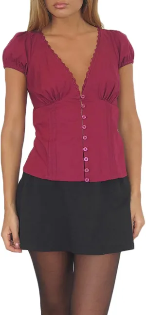 Women Puff Short Sleeve Tops Y2K Sexy Lace Trim Deep V Neck Shirt Casual Slim Fit Ruched Button Down Blouse