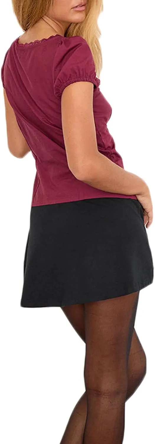 Women Puff Short Sleeve Tops Y2K Sexy Lace Trim Deep V Neck Shirt Casual Slim Fit Ruched Button Down Blouse