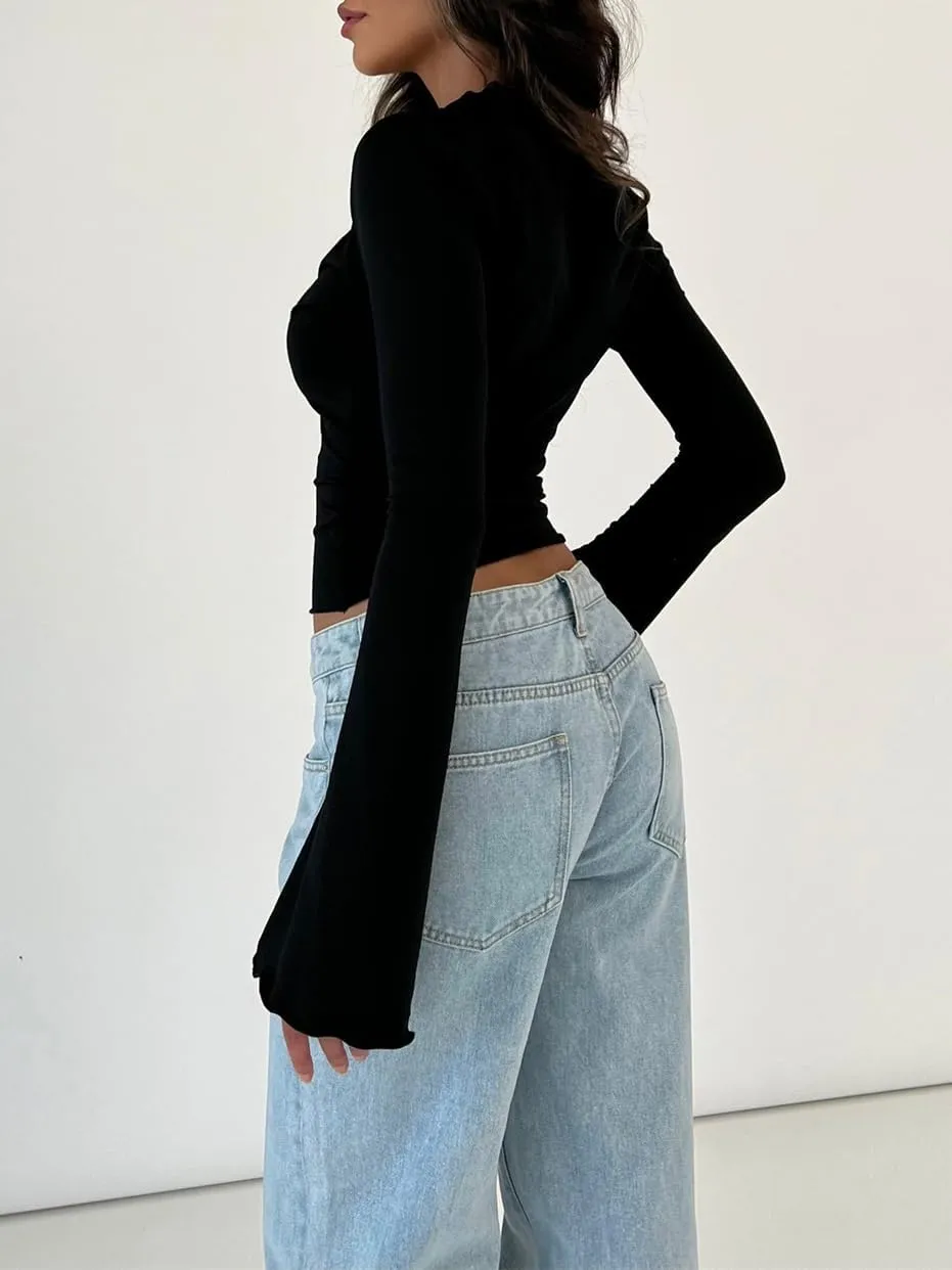 Women Sexy V Neck Lace Top Y2K Long Flared Sleeve Sheer Mesh Crop Shirt Low Cut Floral Slim See Through Going Out Top