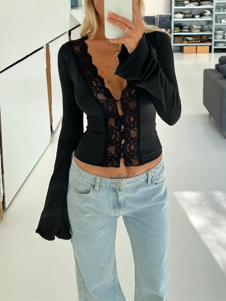 Women Sexy V Neck Lace Top Y2K Long Flared Sleeve Sheer Mesh Crop Shirt Low Cut Floral Slim See Through Going Out Top