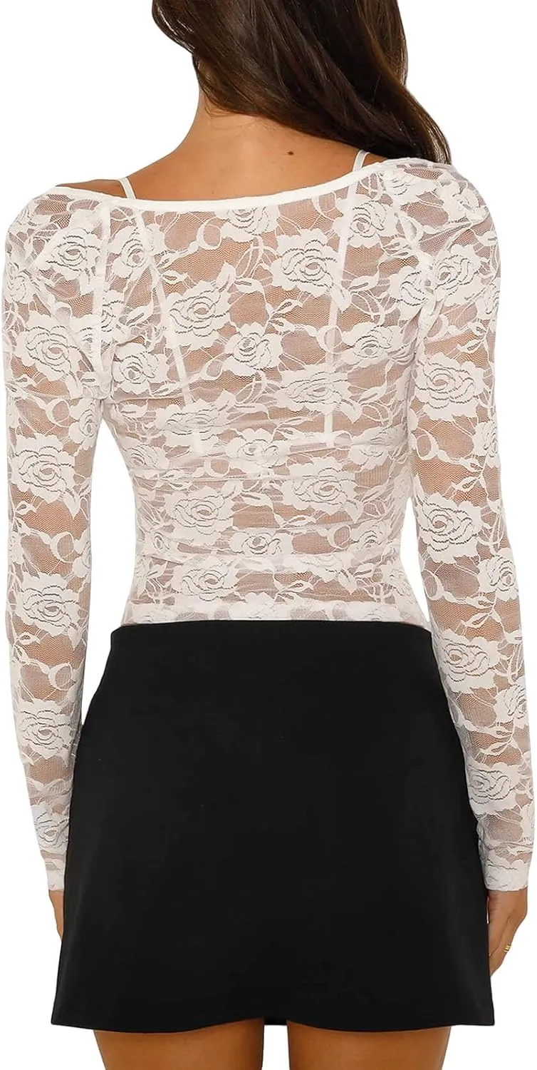 Women Y2K Backless Lace Crop Top Open Back Sheer See Through Going Out Tops