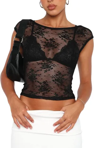 Women Y2K Backless Lace Crop Top Open Back Sheer See Through Going Out Tops