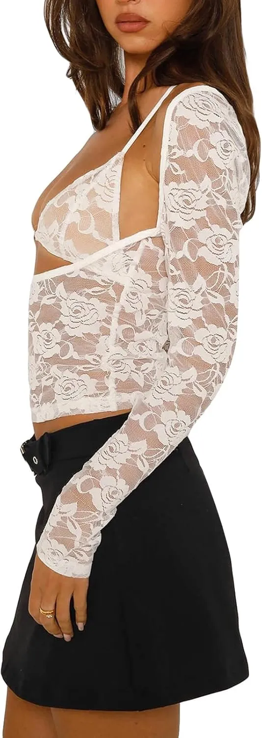 Women Y2K Backless Lace Crop Top Open Back Sheer See Through Going Out Tops