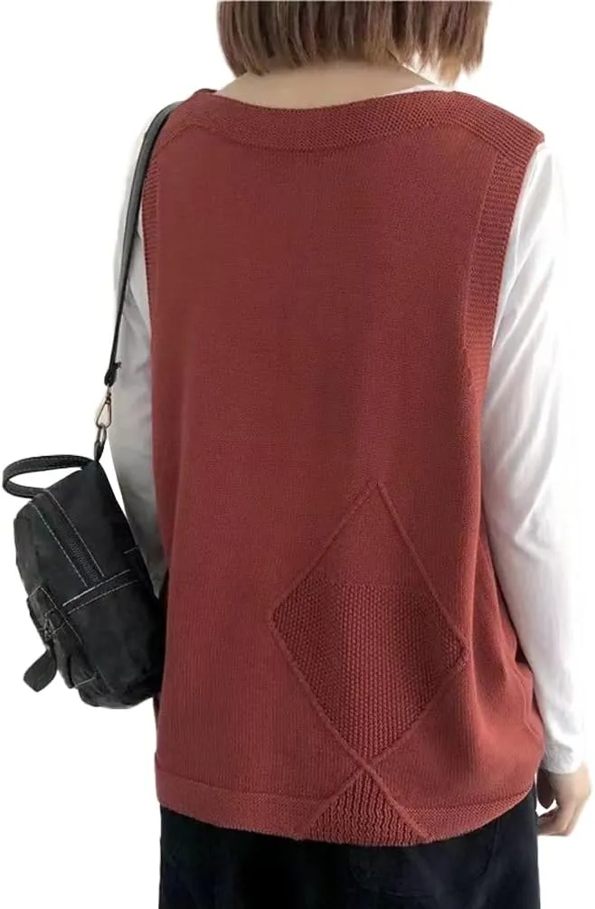 Women's Button V Neck Sleeveless Knitted Layered Cardigan Sweater Vest