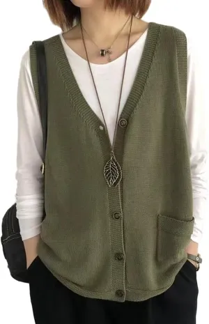 Women's Button V Neck Sleeveless Knitted Layered Cardigan Sweater Vest
