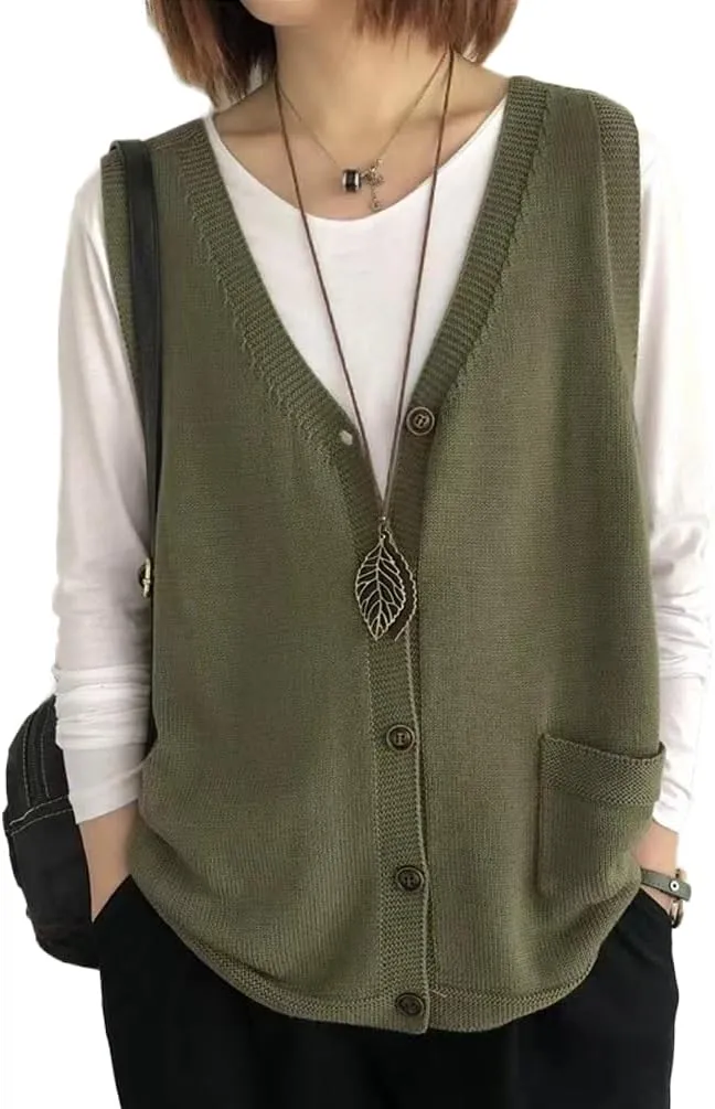 Women's Button V Neck Sleeveless Knitted Layered Cardigan Sweater Vest