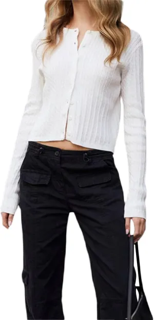 Womens Cable Knit Button Up Cardigans Long Sleeve V Neck Cropped Sweater Y2K Buttons Front Closure Knitted Outwear