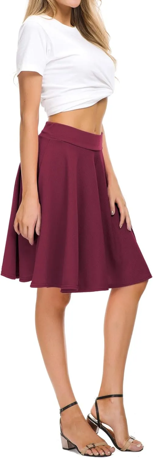 Women's Casual Stretchy Flared Mini Skater Skirt Basic A-Line Pleated Midi Skirt