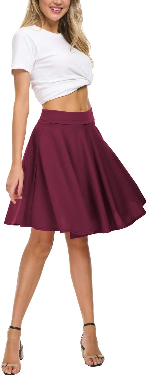 Women's Casual Stretchy Flared Mini Skater Skirt Basic A-Line Pleated Midi Skirt