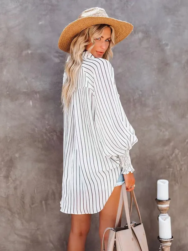 Women's Collar shirt thin medium long stripe casual long sleeve shirt