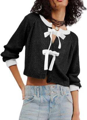 Womens Cropped Cable Knit Cardigan Sweaters Long Sleeve Bow Tie Front Crew Neck Contrast Color Chunky Sweater Tops