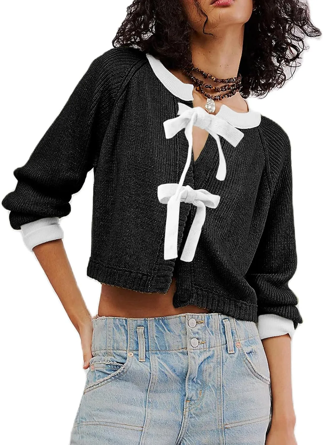 Womens Cropped Cable Knit Cardigan Sweaters Long Sleeve Bow Tie Front Crew Neck Contrast Color Chunky Sweater Tops
