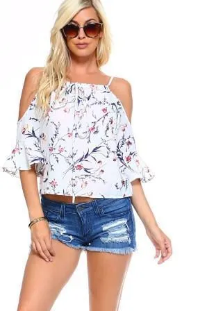 Women's Floral Tie Cold Shoulder Top